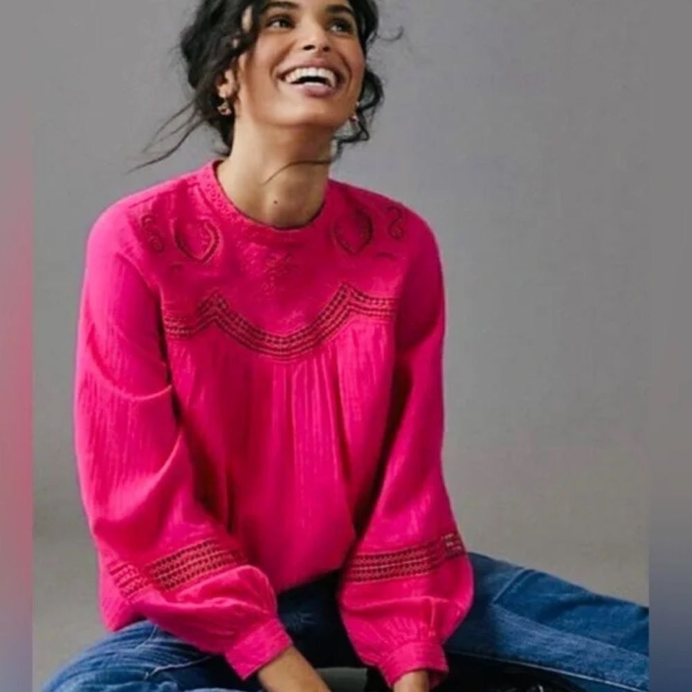 Anthropologie Womens Embroidered Peasant Blouse Top Size S Magenta Long Sleeve